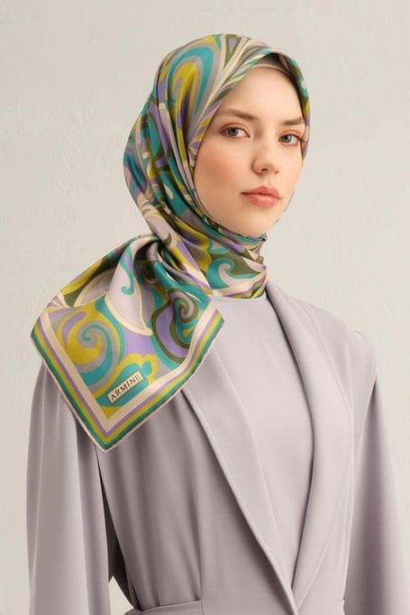 Armine Nostalji Sura Saf İpek Eşarp 9323 84 Turkuaz Mor Karışık Desen