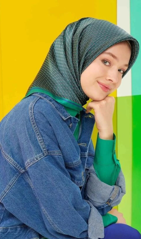 Armine Nostalji Tivil Saf İpek Eşarp 8733 - 32 Yeşil Karışık Desen