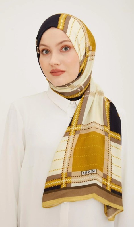 Armine Şal 58142 Yağ Yeşili Hardal Ekose Desen