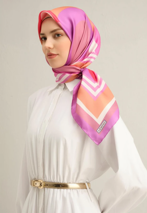 Armine Sura İpek Eşarp 9313-57 Pembe Karışık Desen 