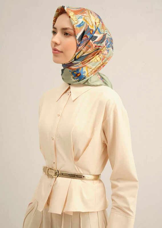 Armine Sura İpek Eşarp 9332-57 Yeşil Karışık Desen 