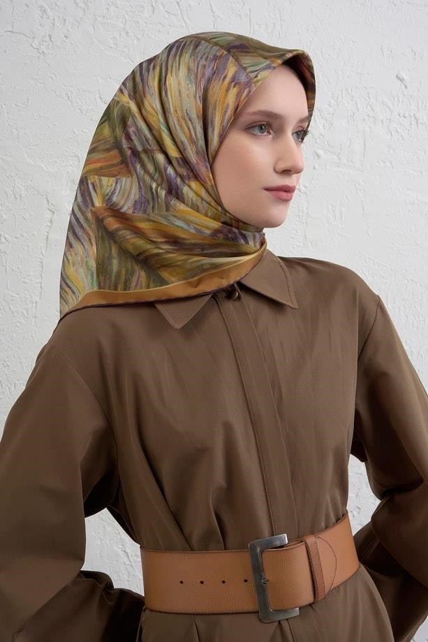 Armine Satin Silk Scarf IST 9430 - 01 Orange Geometric Pattern