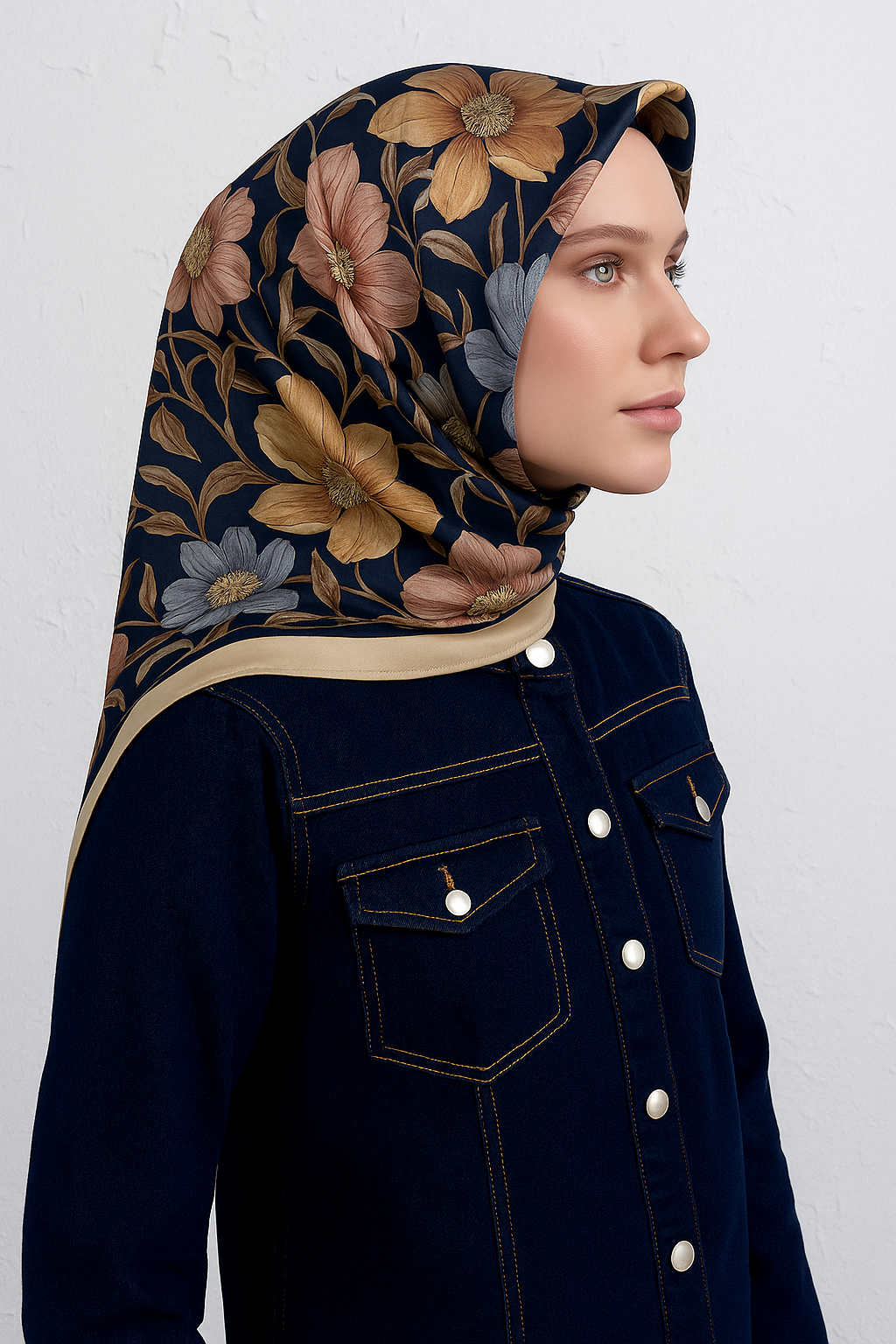 Armine Sura Saf İpek Eşarp 9403-37 Lacivert Karışık Desen