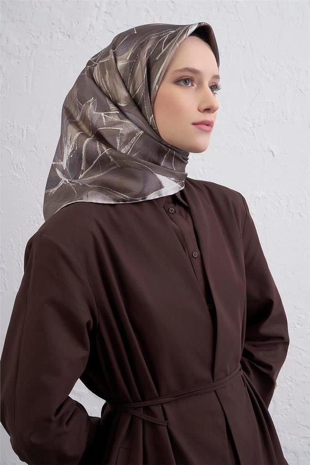 Armine Sura Saf İpek Eşarp 9406-85 Vizon Karışık Desen