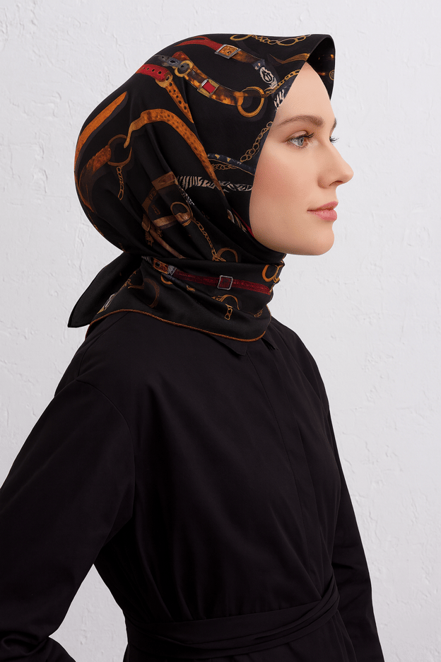 Armine Sura Saf İpek Eşarp 9422 - 04 Siyah Kemer Desen