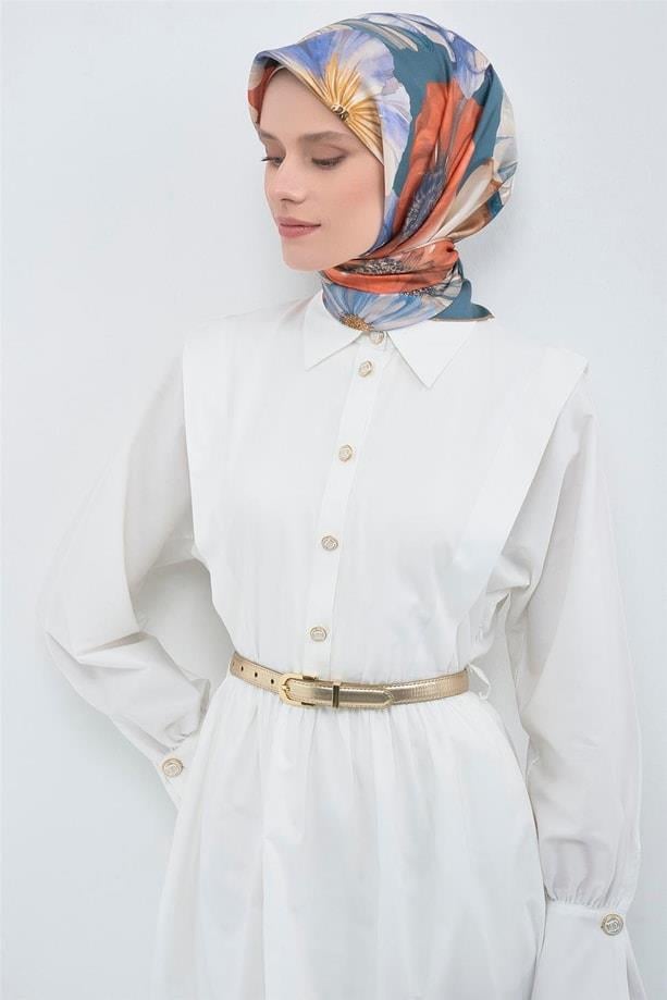 Armine Sura Saf İpek Eşarp 9503 - 85 Yeşil Somon Çiçek Desen