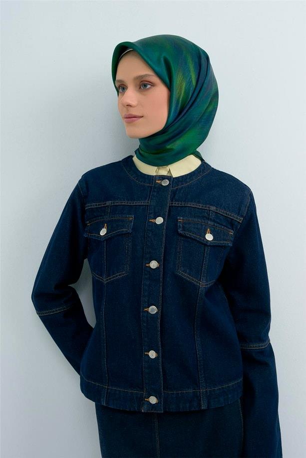 Armine Sura Saf İpek Eşarp 9513 - 87 Yeşil Lacivert Kırçıllı Desen