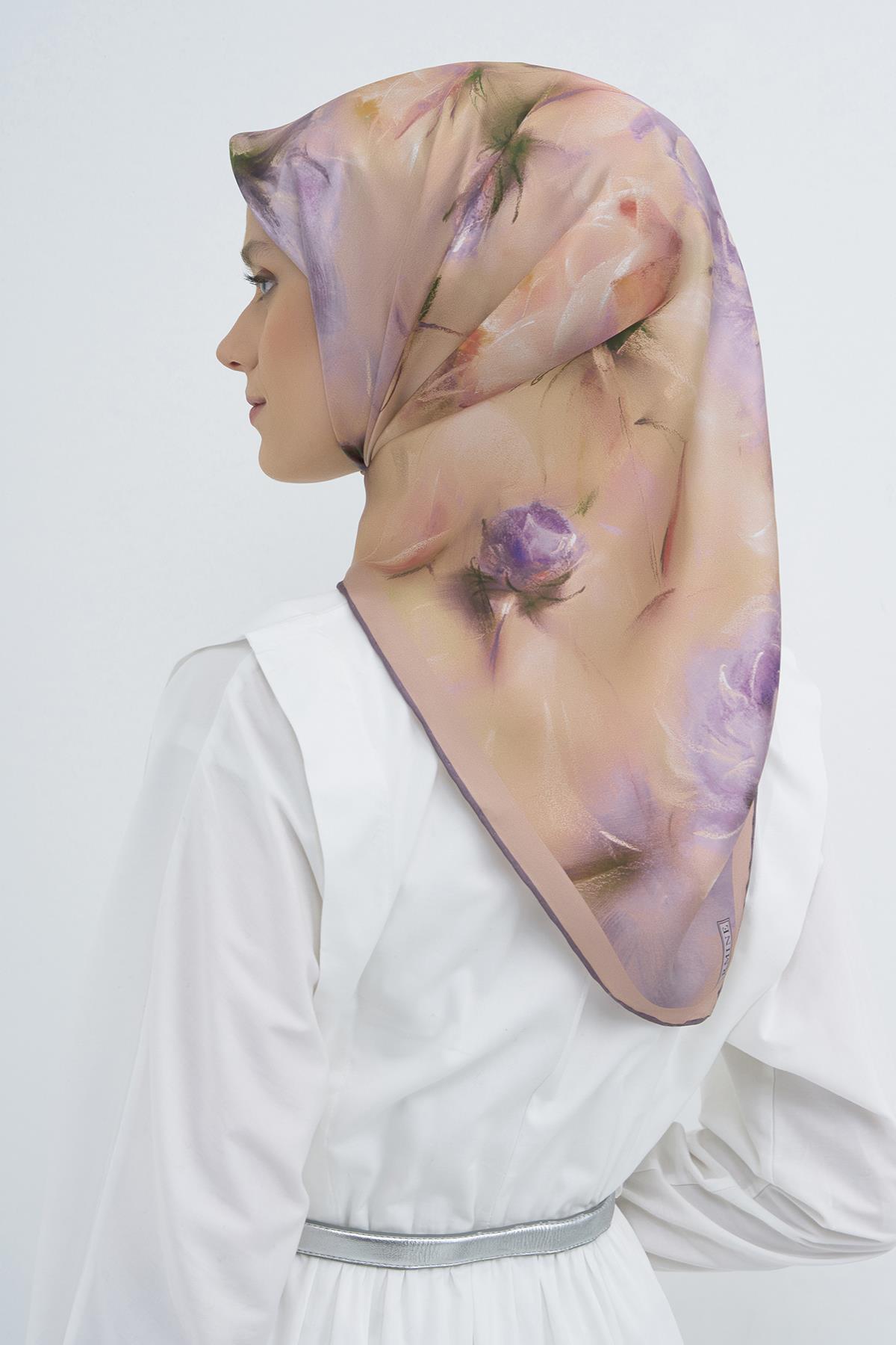 Armine Sura Saf İpek Eşarp 9515 - 84 Lila Pudra Vizon Pastel Çiçek Desen