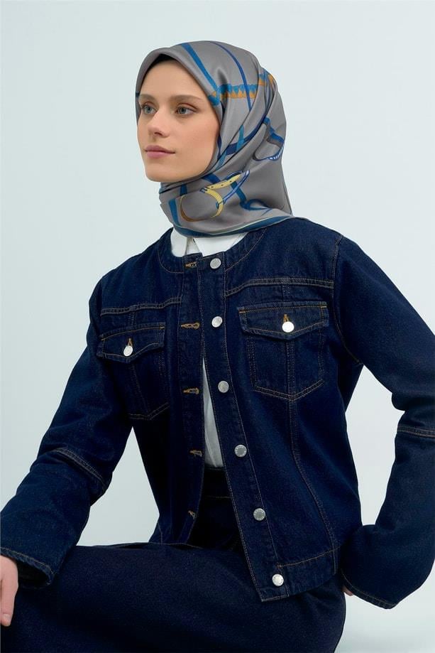 Armine Sura Saf İpek Eşarp 9517 - 80 Gri Petrol Mavi Kemer Desen