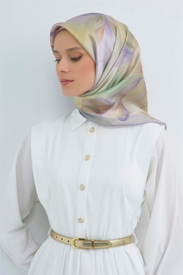 Armine Sura Saf İpek Eşarp 9519 - 84 Lila Yeşil Çiçek Desen