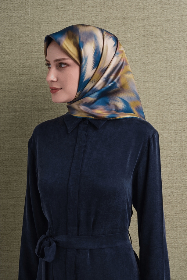 Armine Sura Saf İpek Eşarp 9605 52 Mavi - Sarı Soyut Desen 