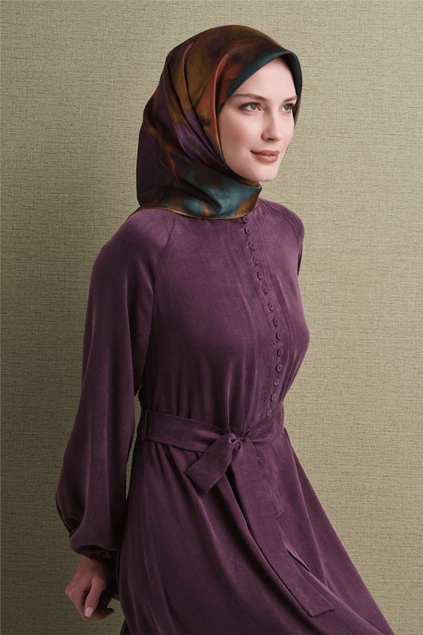 Armine Sura Saf İpek Eşarp 9606 84 Mor Turuncu Soyut Desen 