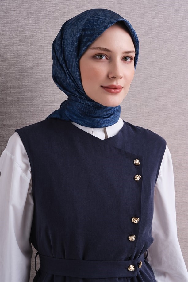 Armine Sura Saf İpek Eşarp 9628 80 MaviÇizgi Desen 