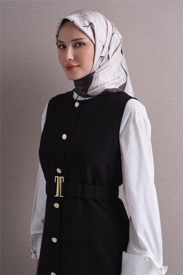 Armine Sura Saf İpek Eşarp 9639 03 Krem Antrasit Çiçek Desen 