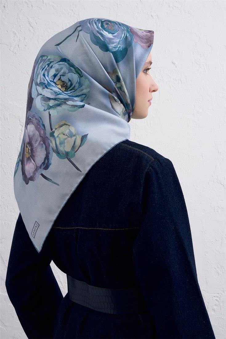 Armine Sura Saf İpek Eşarp IST 9419 - 07 Bebe Mavisi Karışık  Desen