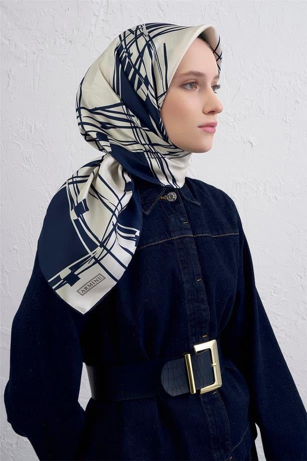 Armine Sura Saf İpek Eşarp IST 9442- 34 Lacivert Karışık  Desen