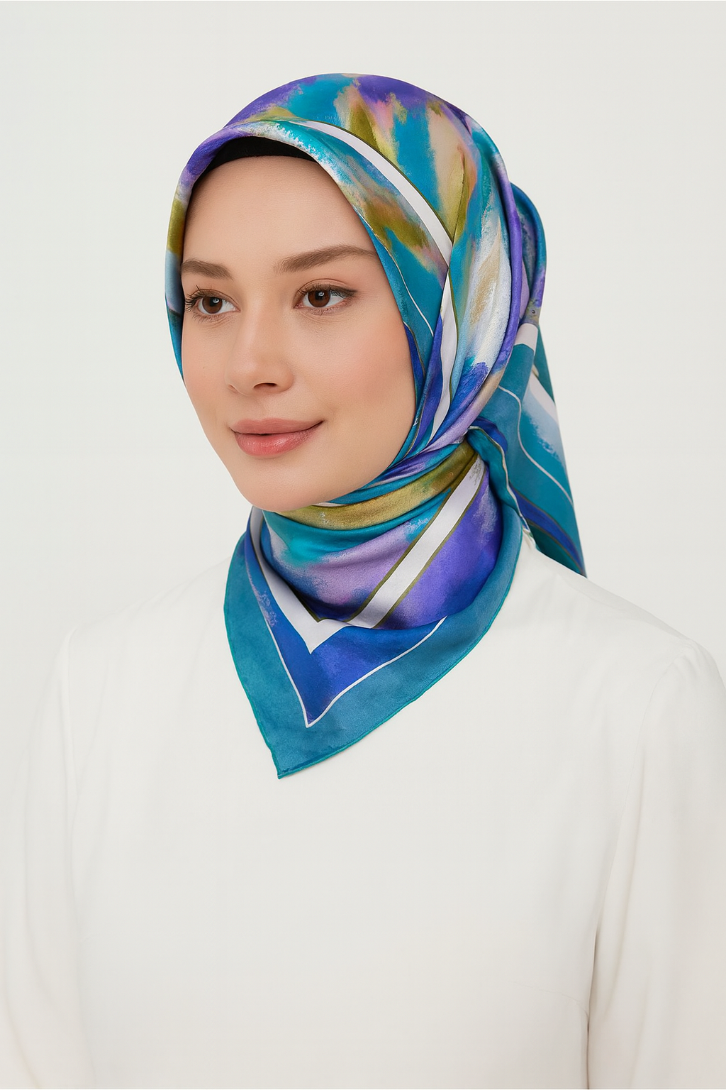 Armine Tivil İpek Eşarp 9240-52 Mavi Karışık Desen 