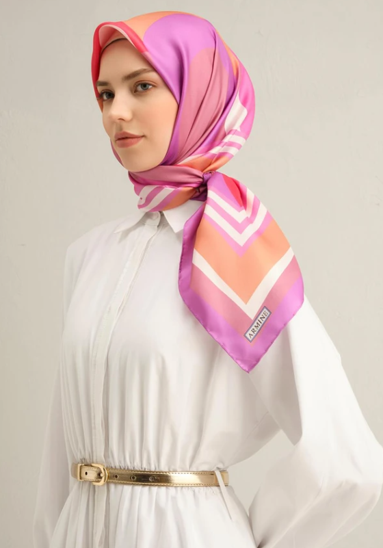 Armine Tivil İpek Eşarp 9313-57 Pembe Karışık Desen 