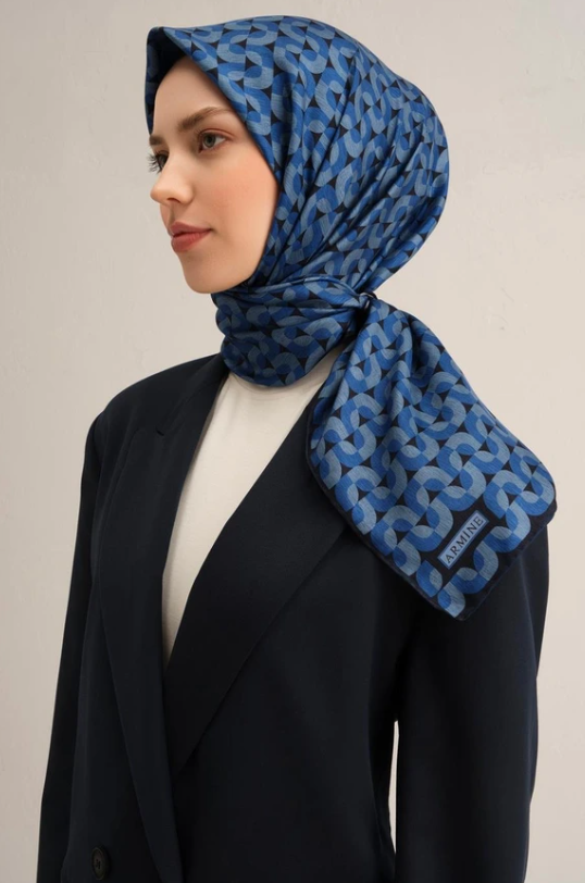 Armine Tivil İpek Eşarp 9321-57 Lacivert Karışık Desen 