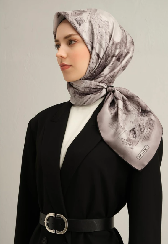 Armine Tivil İpek Eşarp 9326-81 Gri Karışık Desen 