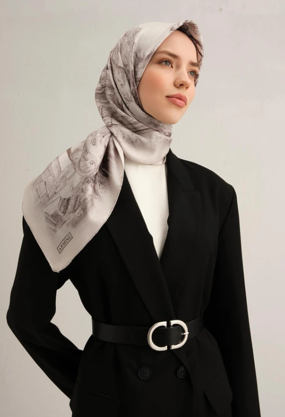 Armine Tivil İpek Eşarp 9326-84 Gri Karışık Desen 