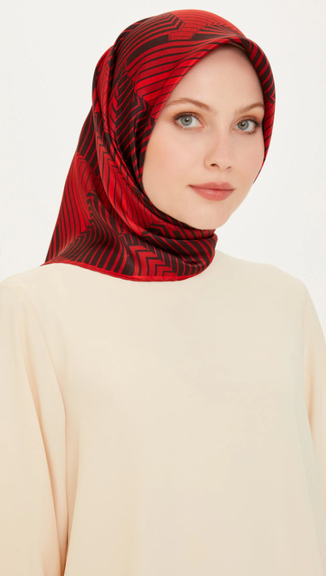Armine Tivil Saf İpek Eşarp 9218 - 82 Siyah Kırmızı Çizgi Desen
