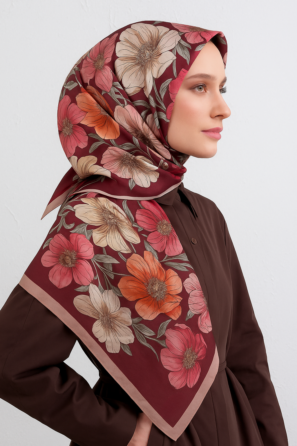 Armine Tivil Saf İpek Eşarp 9403-02 Bordo Karışık Desen