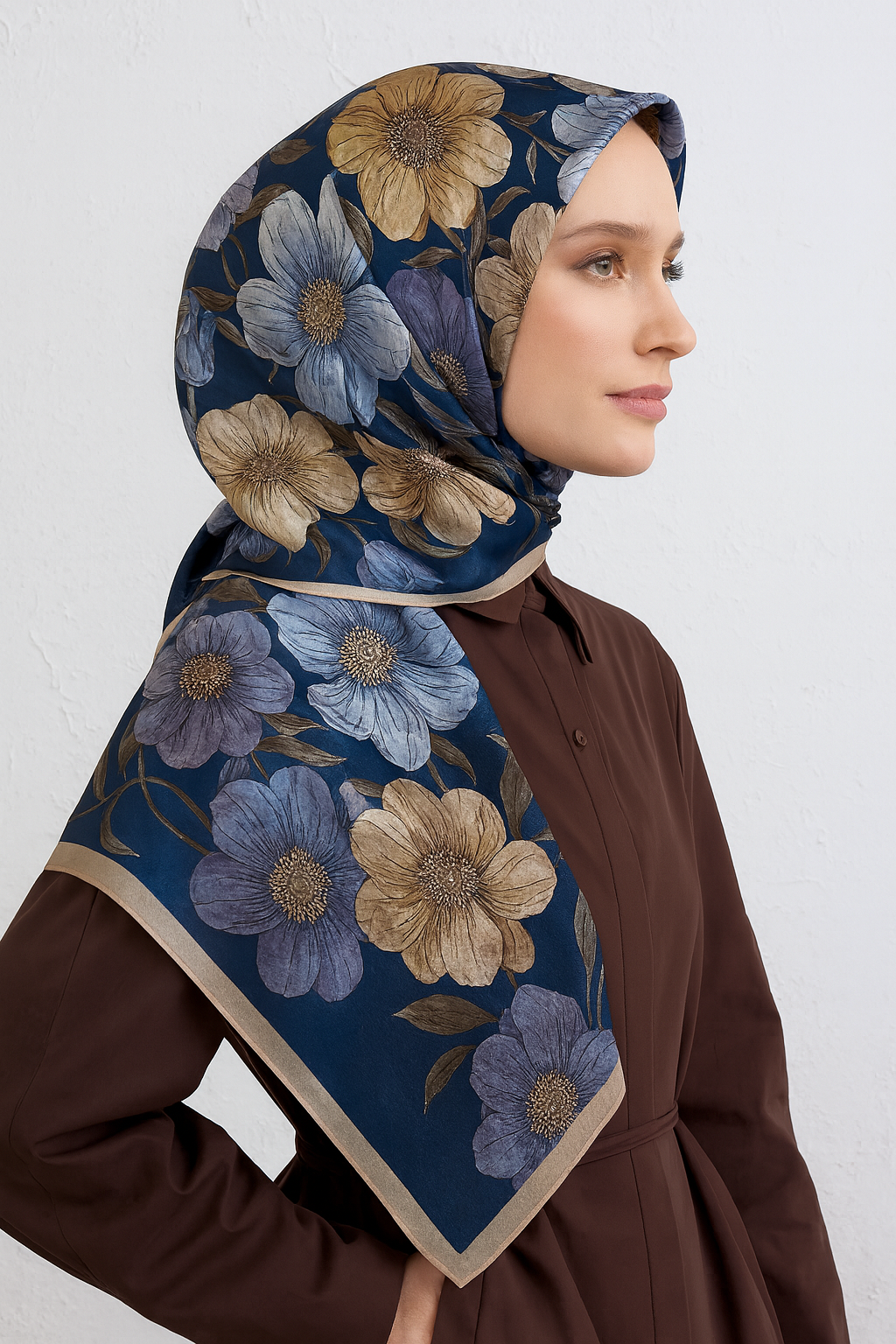 Armine Tivil Saf İpek Eşarp 9403-37 Lacivert Karışık Desen