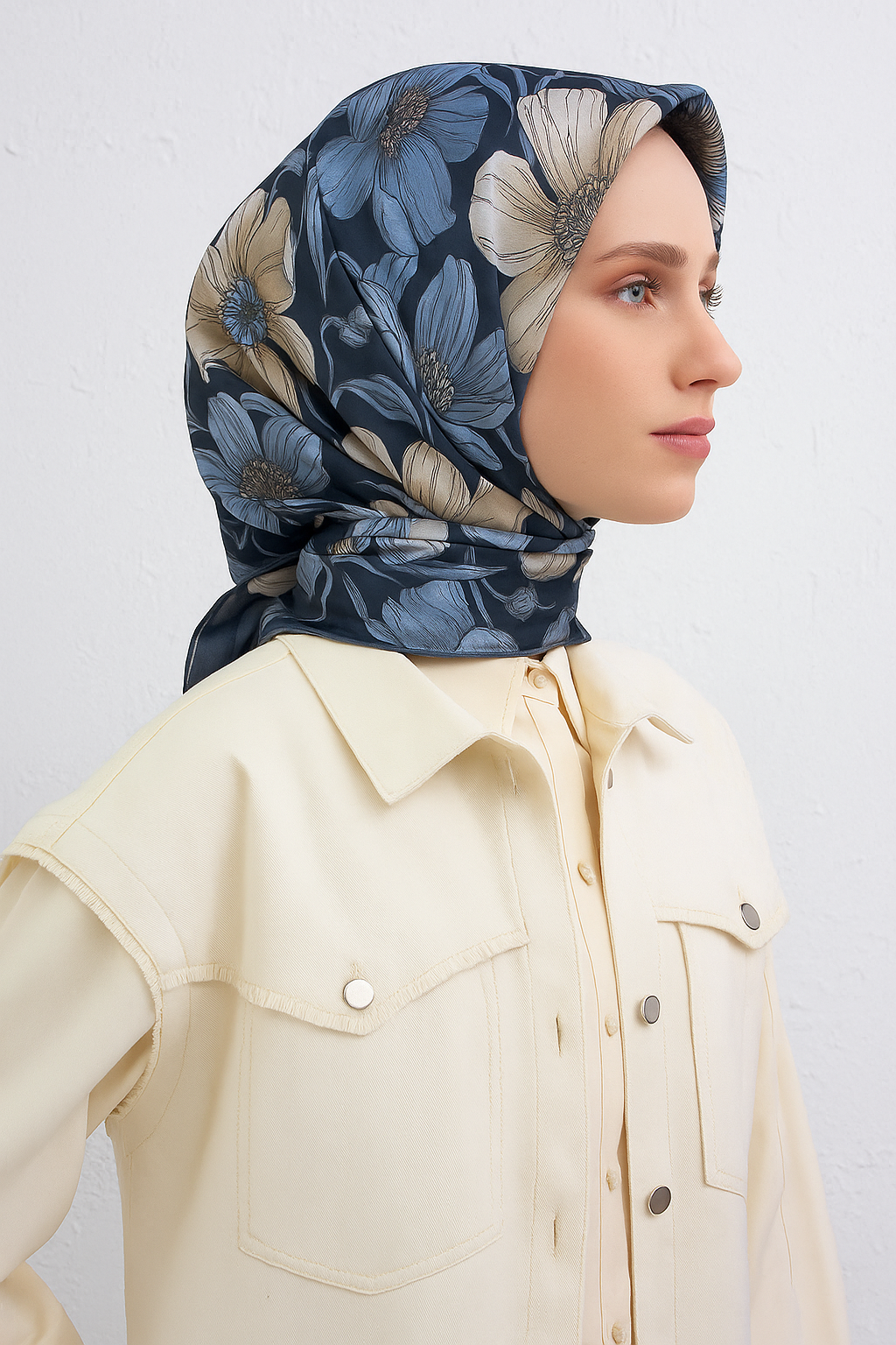 Armine Tivil Saf İpek Eşarp 9403-83 Lacivert Karışık Desen