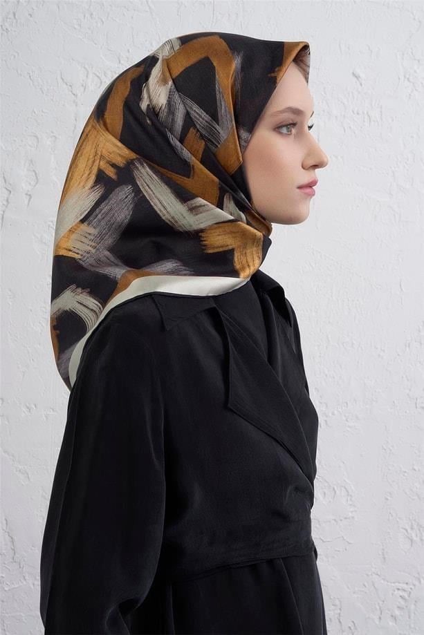 Armine Tivil Saf İpek Eşarp 9413 80 Siyah Karışık Desen