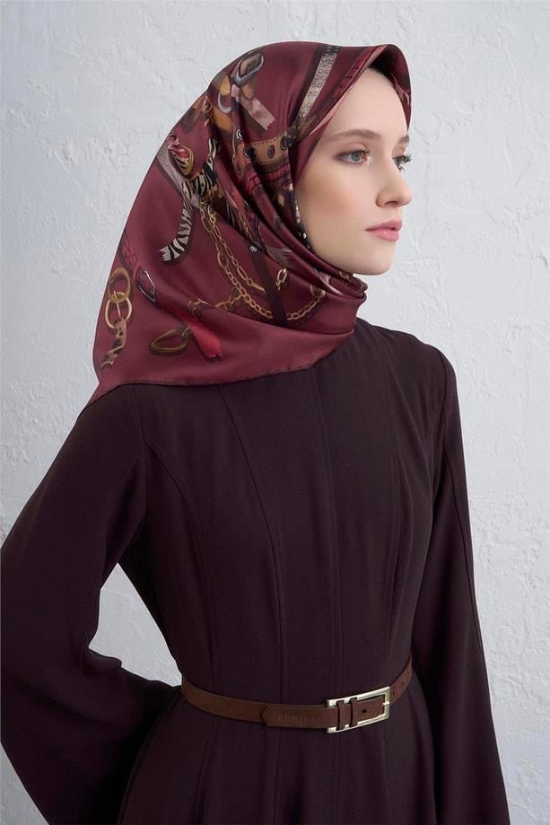 Armine Tivil Saf İpek Eşarp 9422-08 Bordo Karışık Desen