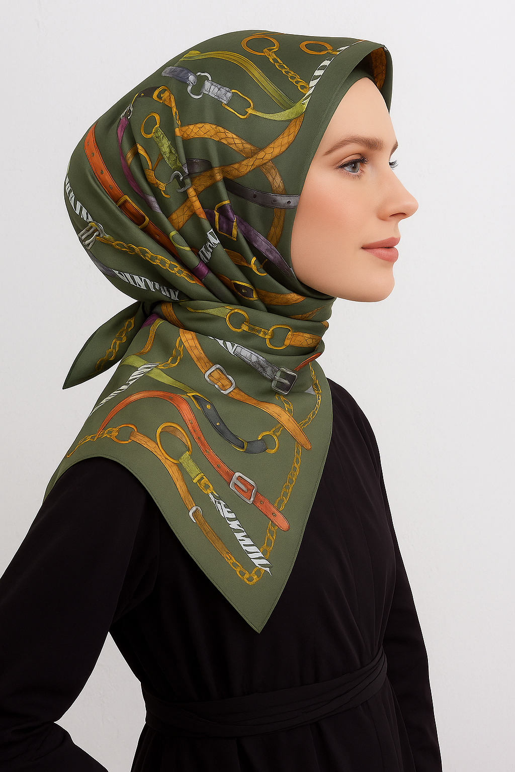Armine Tivil Saf İpek Eşarp 9422-84 Yeşil Karışık Desen