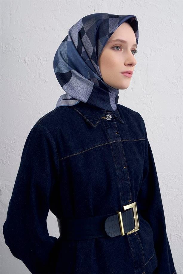 Armine Tivil Saf İpek Eşarp 9429 - 31 İndigo Mavisi Karışık Desen 
