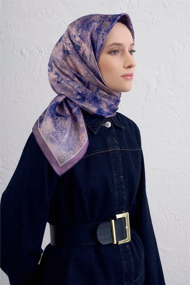 Armine Tivil Saf İpek Eşarp 9433 - 37 Mor Karışık  Desen