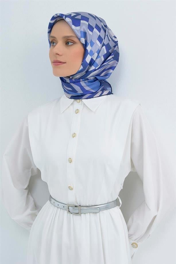 Armine Tivil Saf İpek Eşarp 9507 - 32 Saks Gri Çizgi Desen