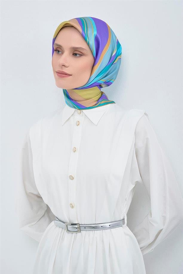 Armine Tivil Saf İpek Eşarp 9514 - 09 Yeşil Mavi Soyut Desen