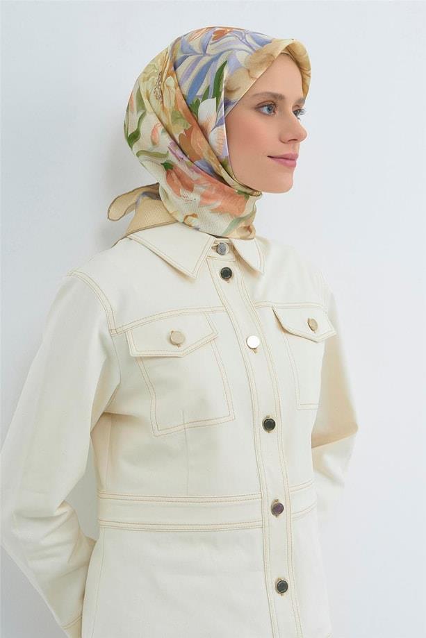 Armine Tivil Saf İpek Eşarp 9516 - 03 Sarı Çiçek Desen