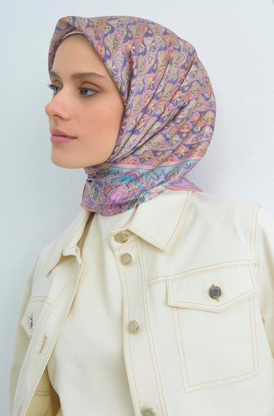 Armine Tivil Saf İpek Eşarp  9518 - 84 Lila Etnik Desen