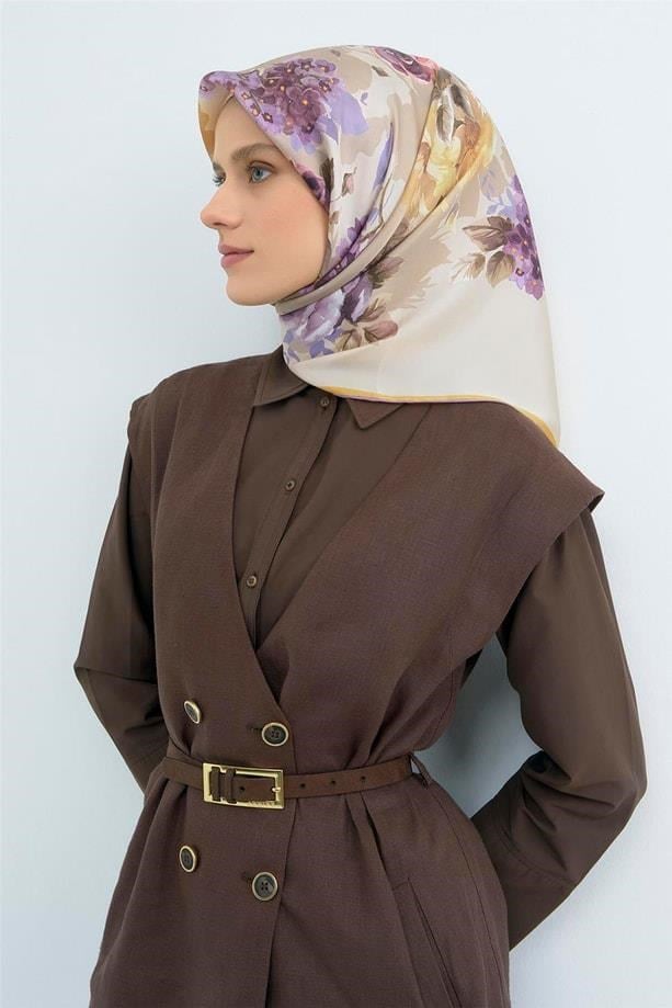 Armine Tivil Saf İpek Eşarp 9520 - 32 Krem Sarı Çiçek Desen