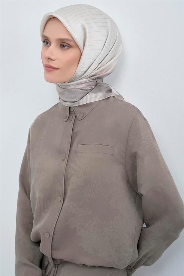 Armine Tivil Saf İpek Eşarp 9526 - 80 Vizon Gri Çizgi Desen