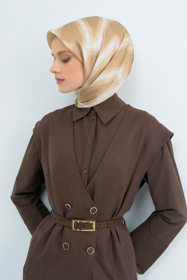 Armine Tivil Saf İpek Eşarp 9547 - 85 Krem Beyaz Geometrik Desen