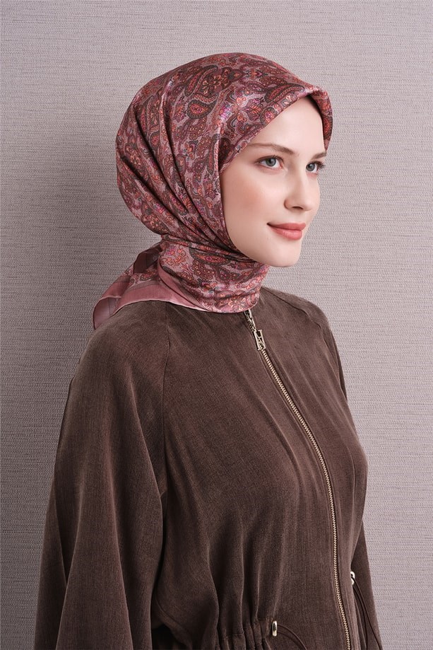 Armine Tivil Saf İpek Eşarp 9609 51 Pembe Etnik Desen 