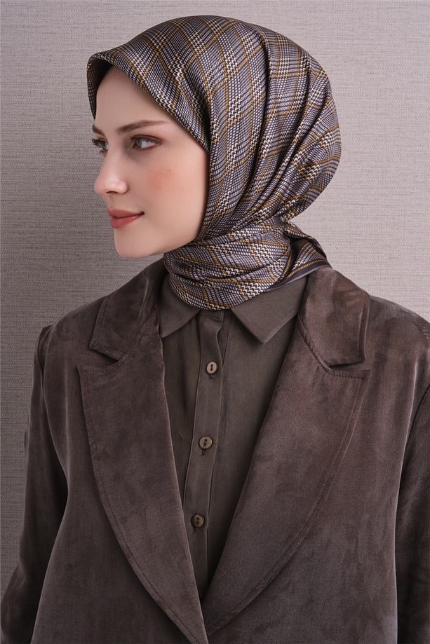 Armine Tivil Saf İpek Eşarp 9626 52 Gri Kazayağı Desen 