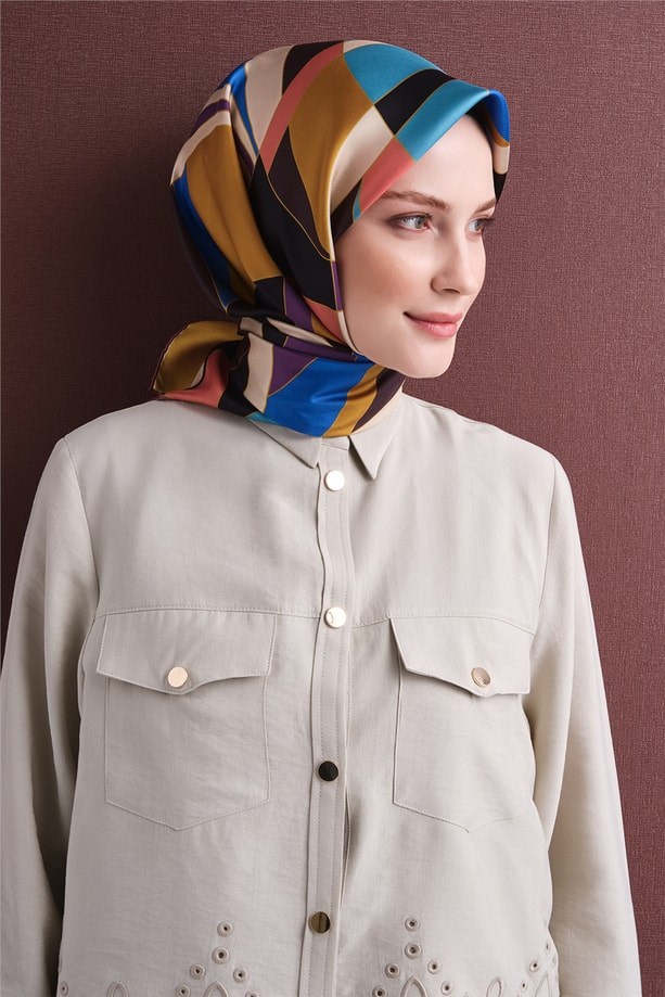 Armine Tivil Saf İpek Eşarp 9633 31 Mor Mavi Geometrik Desen 