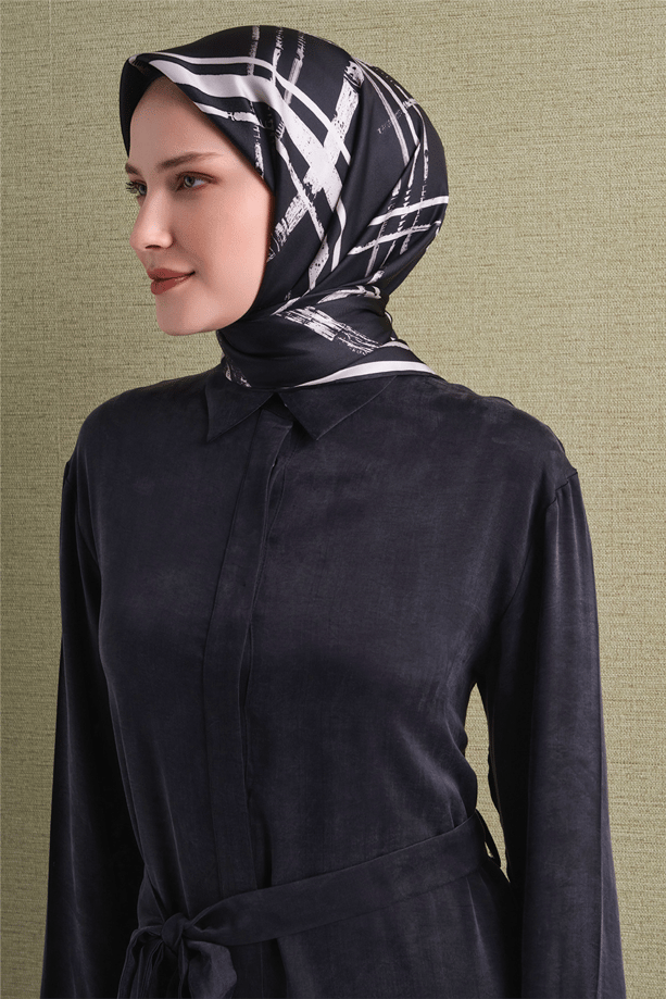 Armine  Tivil Saf İpek Eşarp 9643 08 Siyah Ekru Soyut Desen 