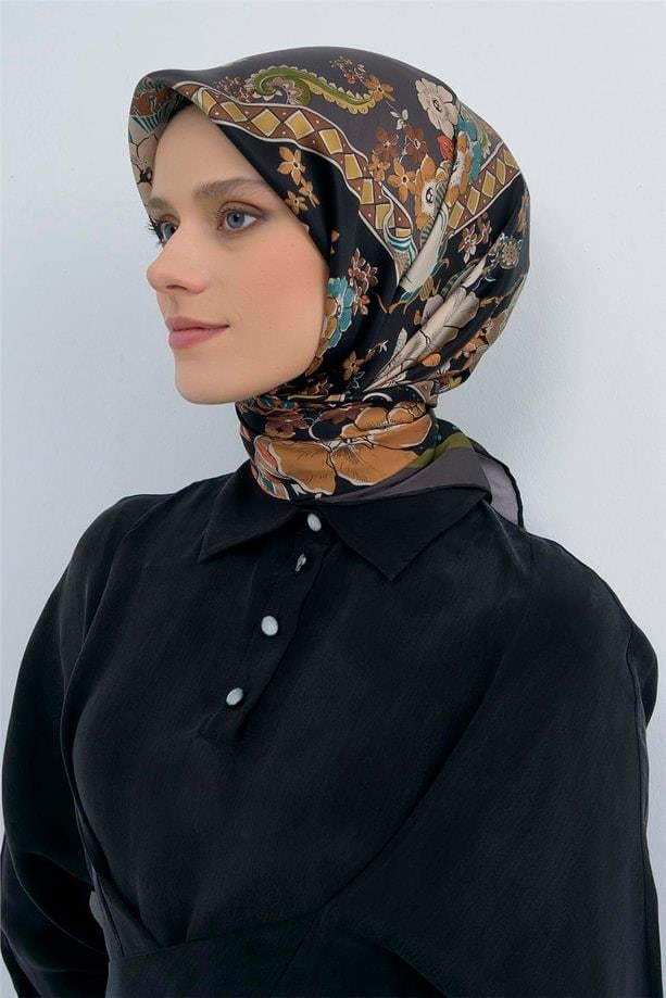 Armine Tivil Saf İpek Eşarp IST 9535 - 04 Füme Siyah Batik Desen