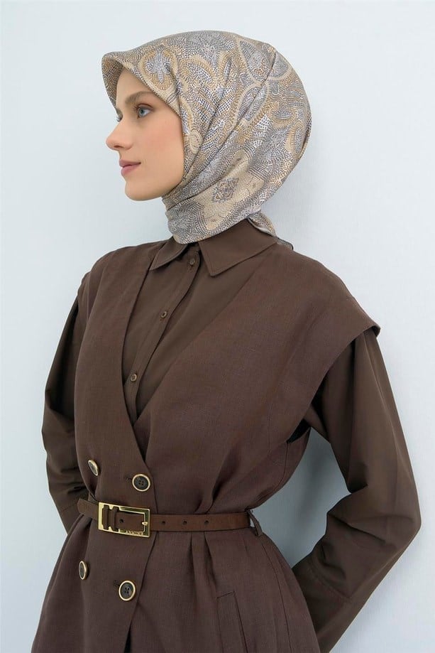 Armine Tivil Saf İpek Eşarp IST 9540 - 84 Vizon - Gri Batik Desen