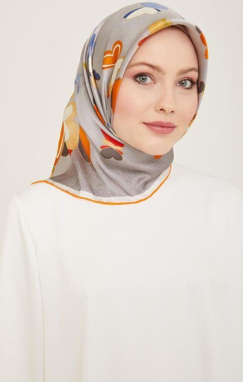 Armine Turuncu - Gri Kelebek Desen Sura İpek Eşarp 9146 - 33