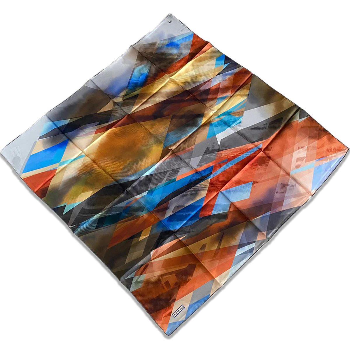 Armine Turuncu Mavi Geometrik Desen Sura İpek Eşarp 9171-07