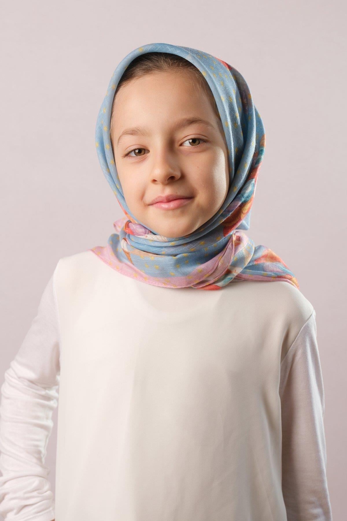 Bebe Mavisi Dijital Baskılı Çocuk Tesettür Eşarp Pamuk Polyester Uçan Balon Desenli 6002_11